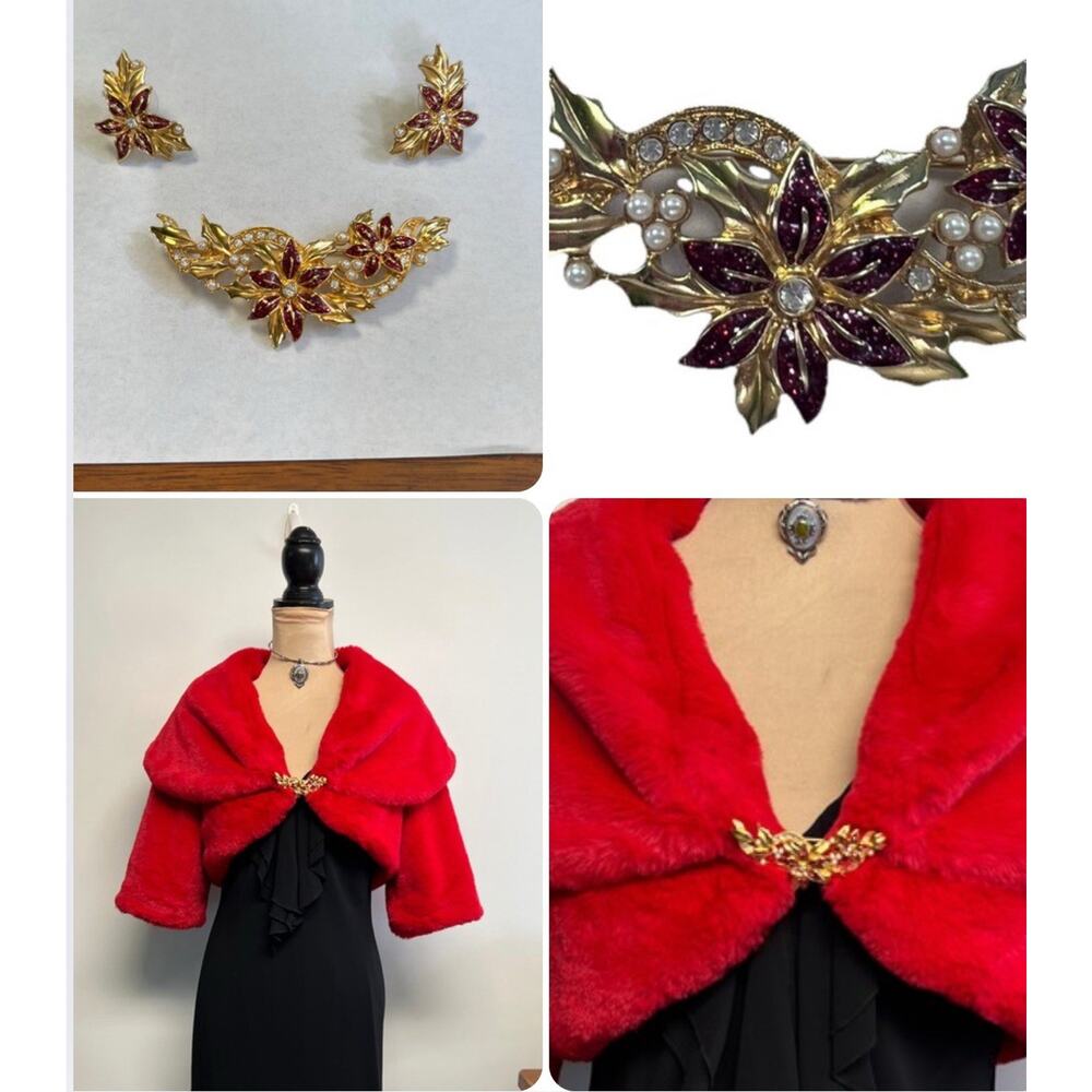 Vintage Estate Holiday Brooch Post Earring Set Poinsettia Gold Tone Faux Pearl ￼